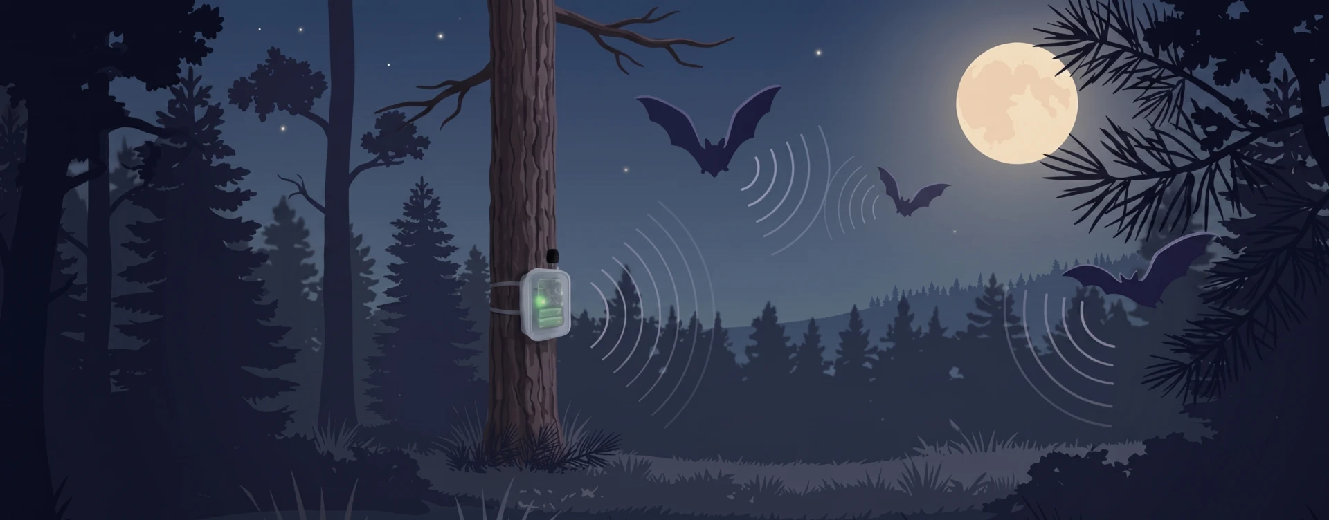Nuit de capture acoustique : un Passive Recorder sur son piquet, des chauves-souris en vol émettant des ondes d'écholocation sous une pleine lune en lisière de forêt