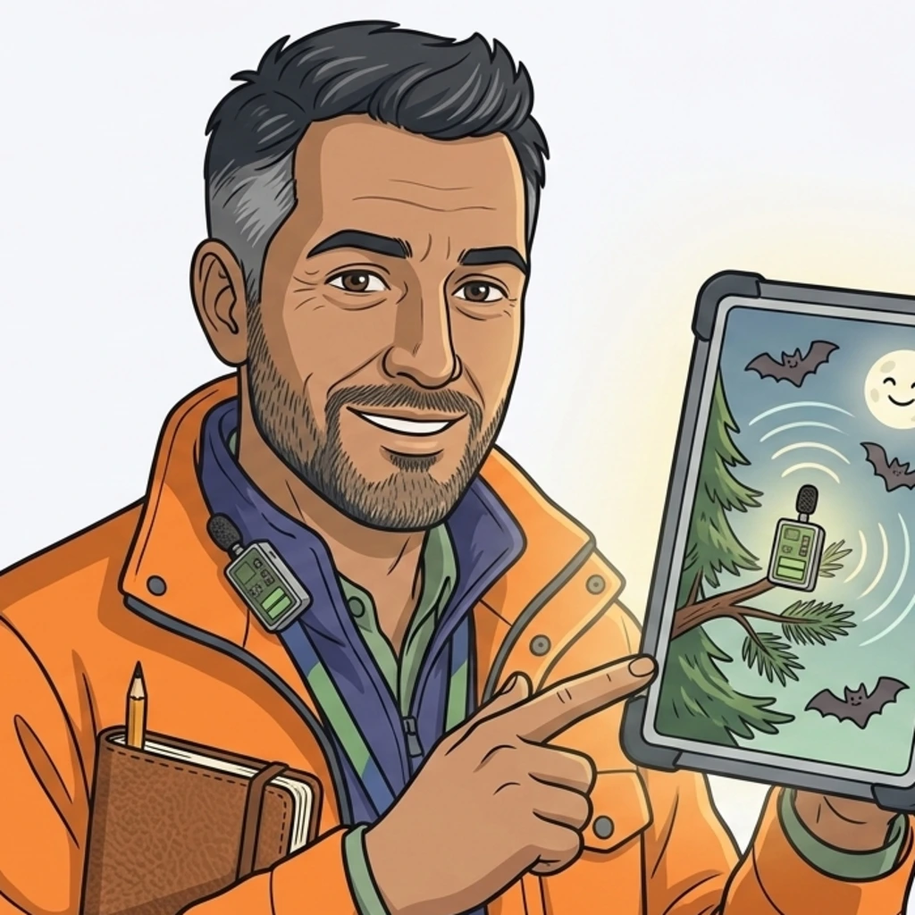 Portrait illustré éditorial de Karim : trentenaire d'origine maghrébine, cheveux courts noirs avec quelques mèches grises, barbe courte, veste technique orange ouverte, montrant du doigt une tablette durcie qui affiche un détecteur PR sous un arbre avec des chauves-souris en vol