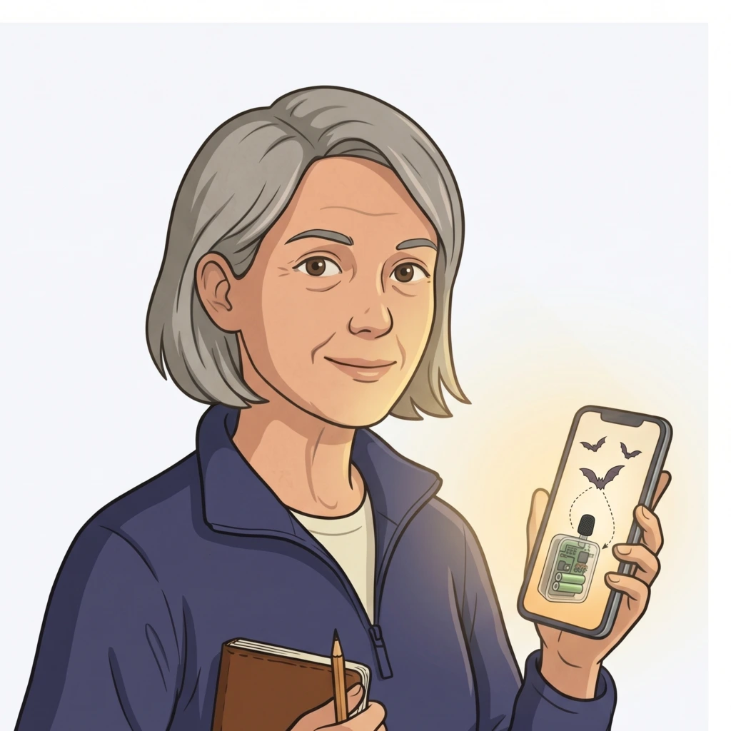 Portrait illustré éditorial de Marie : femme d'une cinquantaine d'années, cheveux mi-longs grisonnants, polaire zippée indigo, tenant un carnet en cuir et un smartphone affichant un détecteur de chauves-souris