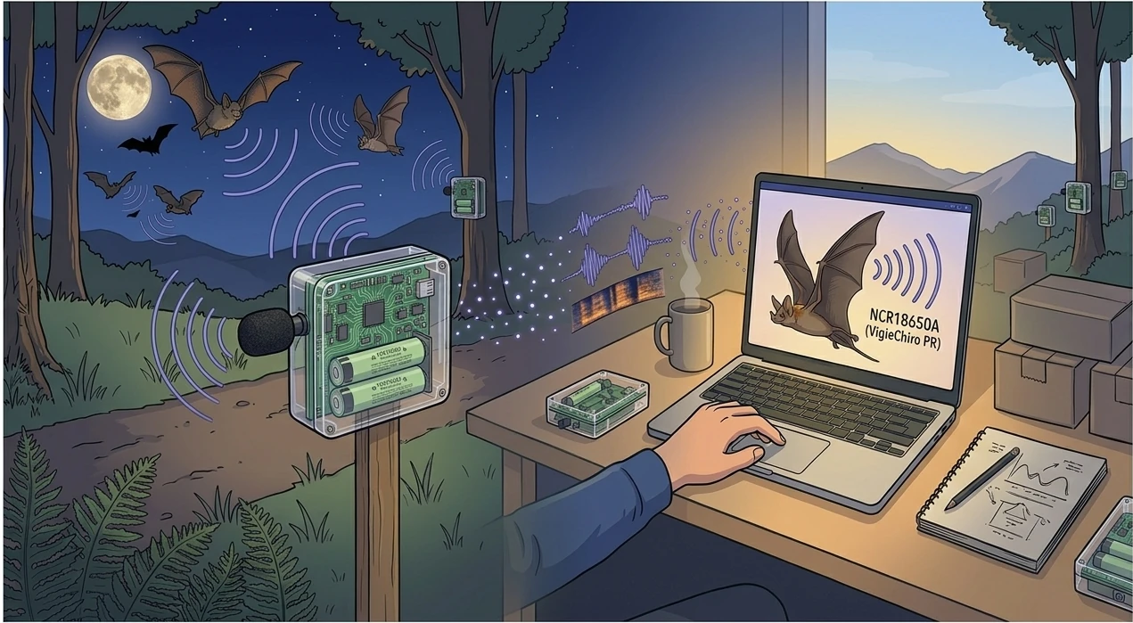 Illustration du pont entre la capture sur le terrain et l'analyse logicielle : à gauche un Passive Recorder sur son piquet en bordure de forêt au crépuscule capte les ondes ultrasonores d'une chauve-souris en vol, à droite un poste de travail intérieur avec un ordinateur portable affichant un sonogramme et des pastilles de verdict, lumière chaude du matin évoquant la session de qualification