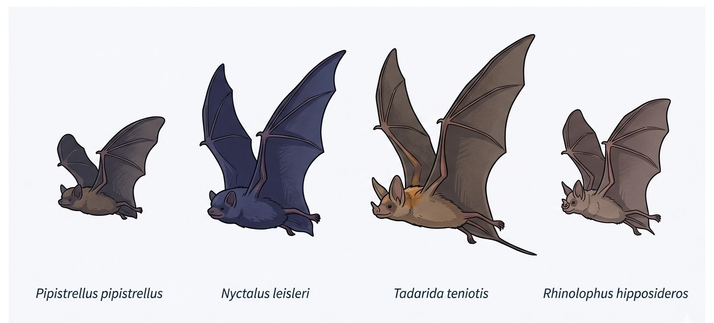 Planche illustrée des quatre espèces de chiroptères présentes dans le dataset fourni : Pipistrellus pipistrellus (pipistrelle commune), Nyctalus leisleri (noctule de Leisler), Tadarida teniotis (molosse de Cestoni) et Rhinolophus hipposideros (petit rhinolophe), de la plus petite à la plus grande